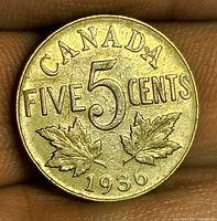 Reverse showing CANADA FIVE 5 CENTS with maple leaves and 1936 date