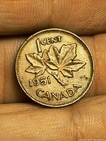 Reverse showing date 1951, denomination 1 CENT, maple leaf design