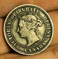 Obverse of 1888 Canadian large cent, close-up of bust and legend