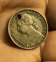 Obverse showing Queen Victoria bust and drilled hole