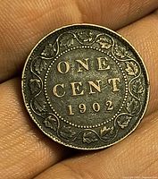 Reverse of 1902 Canadian large cent showing ONE CENT 1902 and maple-leaf wreath.