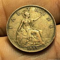 Reverse of 1933 farthing showing seated Britannia, FARTHING legend and date