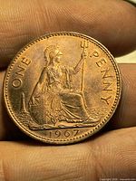 Reverse side showing seated Britannia, denomination ONE PENNY, date 1967