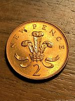 Reverse showing Prince of Wales feathers, NEW PENCE legend and denomination 2