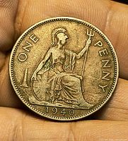 Reverse of 1940 one penny coin showing Britannia and date