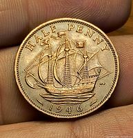 Reverse of 1946 half penny with Golden Hind design