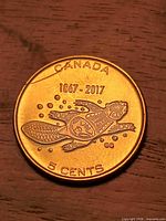 Obverse side showing beaver design, coin appears gold-tone under lighting