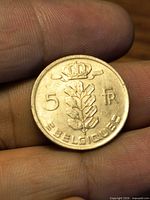 Reverse showing denomination 5 FR, crowned oak branch, BELGIQUE legend