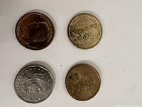 Obverse of Andrew Jackson coin, reverse of Sacagawea coin, obverse of Susan B. Anthony coin, obverse of Sacagawea coin