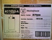 Master carton label showing Westinghouse brand, model #07650-A, quantity 30 pieces, type F30T12/CW