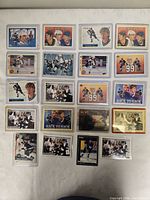 Overall layout showing approximately 23 Wayne Gretzky hockey cards in protective sleeves