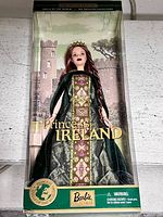 Front view of boxed Princess of Ireland Barbie doll