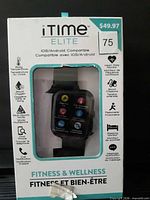 Front of boxed iTime Elite fitness monitor showing device and feature icons