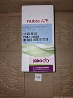 Sealed retail box labeled nubia A75 with Koodo prepaid SIM notice