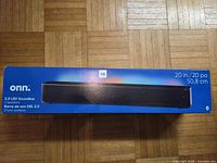 Front of boxed onn. 20 in. 2.0 LED soundbar