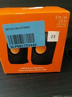 Front of ONN USB Stereo Speakers box showing product image and 5 ft / 1.5 m USB cable callout