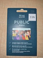 Front of Public Mobile SIM card retail package showing branding and sealed condition