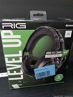 Front of box showing RIG 400 HX Camo headset packaging