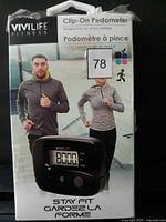 Front of Vivilife Stay Fit Clip-On Pedometer retail box