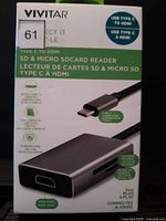 Front of boxed Vivitar Type C to HDMI SD & Micro SD card reader showing branding and features