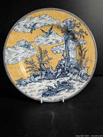 Front of porcelain plate showing full English Toile pattern