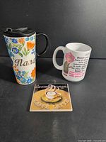 All three items grouped: tumbler, mug, coaster
