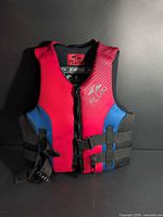 Front view showing color pattern, zipper, and buckle straps