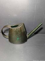 Side view of green plastic watering can showing body, handle and long spout
