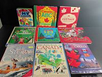 Group shot of all nine Canadian themed children’s books