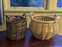 both wicker baskets side by side showing size comparison and two color tones