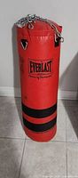 Full view of red Everlast heavy bag showing logo, black strike bands, attached top chain and lower D-ring
