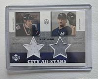 Front of Upper Deck City All-Stars dual jersey card showing player images and jersey swatches