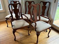 Five American Drew Queen Anne style dining chairs, wood frames, beige upholstered seats