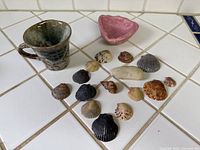 Mug, pink dish, shells and stone on tile surface