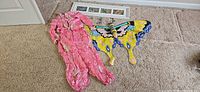 Pink pants, jacket, butterfly kite, framed butterfly picture on carpet