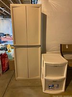Tall plastic cabinet beside two-drawer unit showing full view