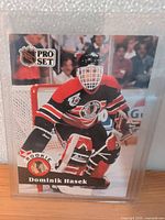 Front of Dominik Hasek Pro Set rookie card in plastic sleeve
