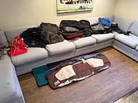 Overall view of all bags on sofa and snowboard bag on floor