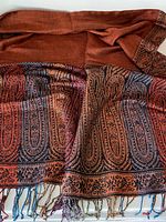 Full view of pashmina wrap showing cinnamon body, paisley borders and multicolour fringe