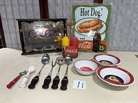 Group shot of entire lot showing tray, sign, condiment caddy with bottles, utensils, bowls