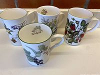Group shot of four mugs showing different botanical designs