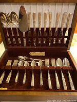 Full set arranged in anti-tarnish case showing all flatware and serving pieces