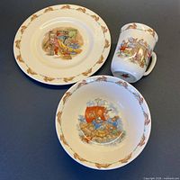 full view of plate, bowl and mug showing Bunnykins graphics