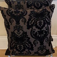 Front view of both matching velvet damask cushions