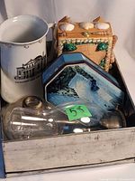 Group shot showing pitcher, tin, lamp and shell box in lot
