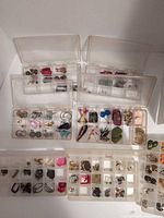 Multiple open compartment boxes filled with various earrings
