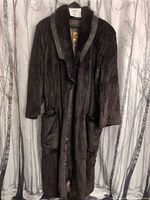 Front view of full-length brown rabbit fur coat
