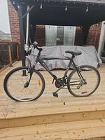 Full side view of Raleigh mountain bike on wooden deck