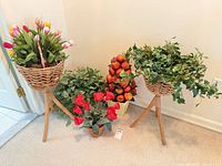 Group shot showing both wicker stands with tulips and ivy, apple topiary, red tulips pot, and variegated plant