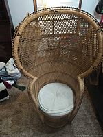 Front view of rattan wicker peacock chair with cushion